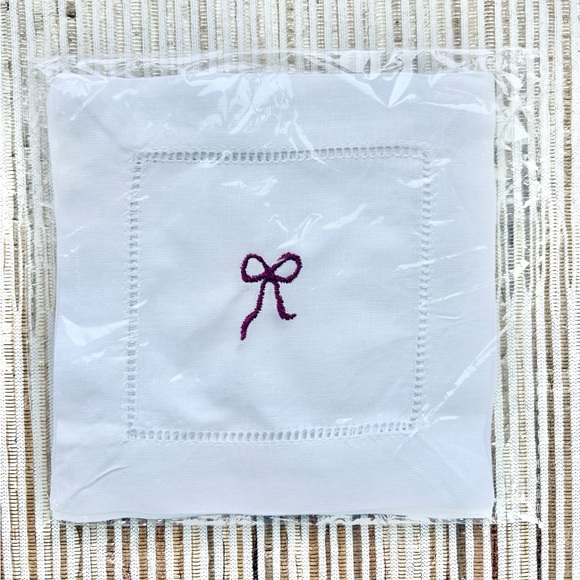 Other - Handmade White Cocktail Napkin with Magenta Bow Embroidery - Set of 4